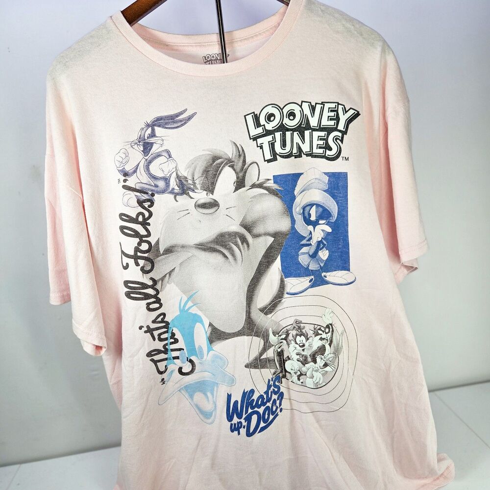 Looney Tunes All Over Print Graphic T-Shirt Pink Men’s XL Front Back